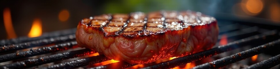 Perfectly seared steak on hot grill, flames blazing , dinner, summertime, gastronomy