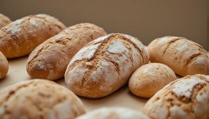 Fototapeta premium Golden Brown Artisan Breads on Beige Surface
