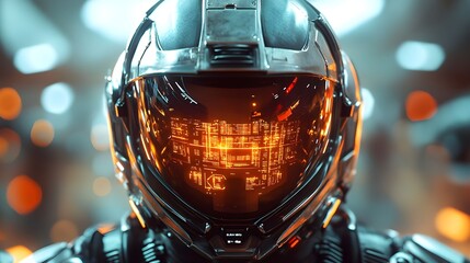 Futuristic Astronaut Helmet with Glowing Orange HUD Display Sci Fi Concept Art