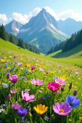 Vibrant wildflowers bloom in high alpine meadow, mountain, wildflowers photography, peaks