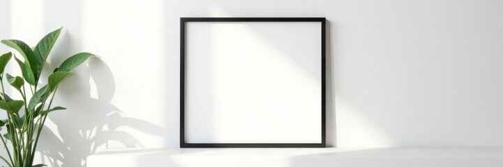 Single black frame against pristine white, airy setting , photo frame, mockup, product display