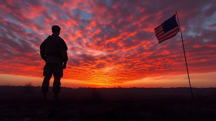 Silhouette of Soldier Contemplating at Sunset with American Flag