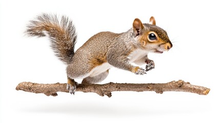 Squirrel running on a branch Over white Studio Background.