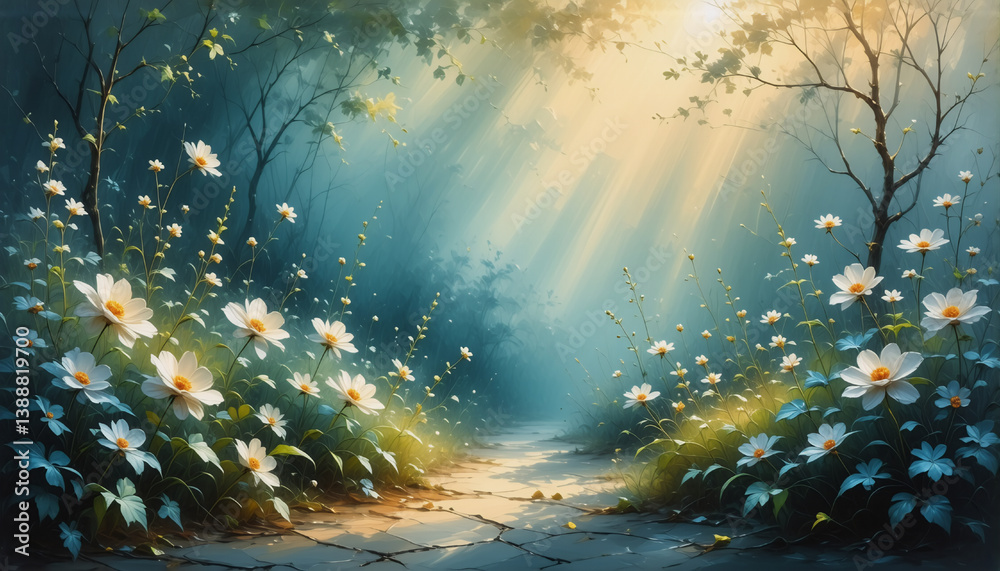 Canvas Prints sunlit path through a serene forest, lined with white flowers. light rays filter through trees creat