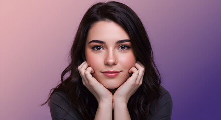 Thoughtful young woman poses with her chin resting on her hands against a pink-to-purple gradient studio backdrop.