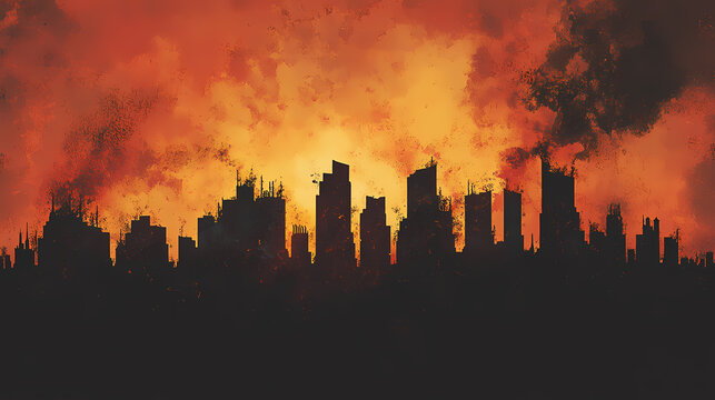 A city skyline silhouetted against a fiery apocalyptic sky the scene evokes a sense of danger and impending doom skyline silhouette. Doomed Horizon. Illustration