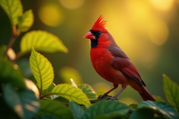 Vibrant red cardinal, lush foliage, golden hour light, sunset, birds