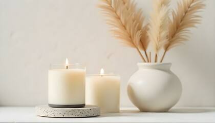 A still life composition features a lit candle, a vase with dried plants, and a textured background