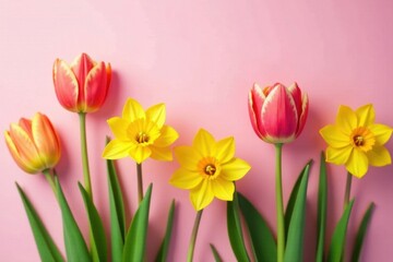 Delicate tulips and daffodils bloom vibrantly against a soft pink backdrop , pastel, design, spring