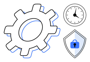 Central gear surrounded by clock and shield with lock. Ideal for productivity, reliability, precision, time management, security, optimization, streamlined processes. Abstract line flat metaphor