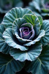 Frost-kissed decorative cabbage leaves, intricate patterns, frost patterns, still life