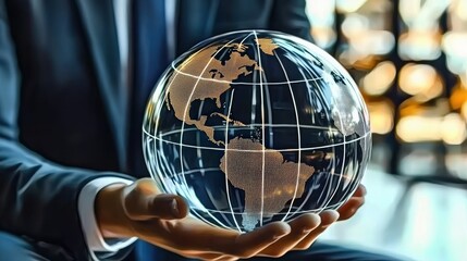 Global business insights exploring economic trends through a modern glass globe office environment professional viewpoint