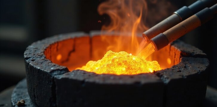 Close-up molten gold in crucible, torch nearby, heat, manufacturing, yellow
