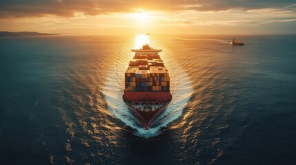 A large cargo ship is sailing through the ocean at sunset