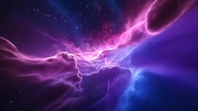 Vivid cosmic nebula with swirling purple and blue clouds in deep space.