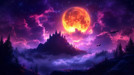 Castle on hill, moonlit, purple skies