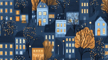 Charming Winter Cityscape with Glowing Windows and Decorated Trees at Dusk
