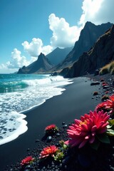 Volcanic peaks, black sand beach, vibrant coral , peak, undersea