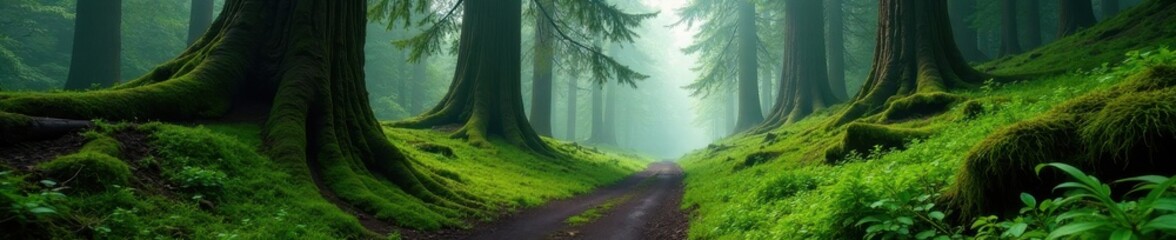 Obraz premium Misty trail, ancient trees draped in moss, Pacific Northwest, outdoor, pacific northwest
