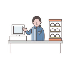 レジで働く女性コンビニ店員のイラスト