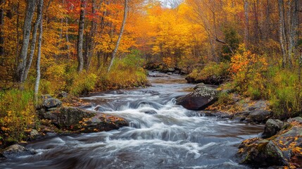 A flowing river cascades through a vivid autumn forest scene