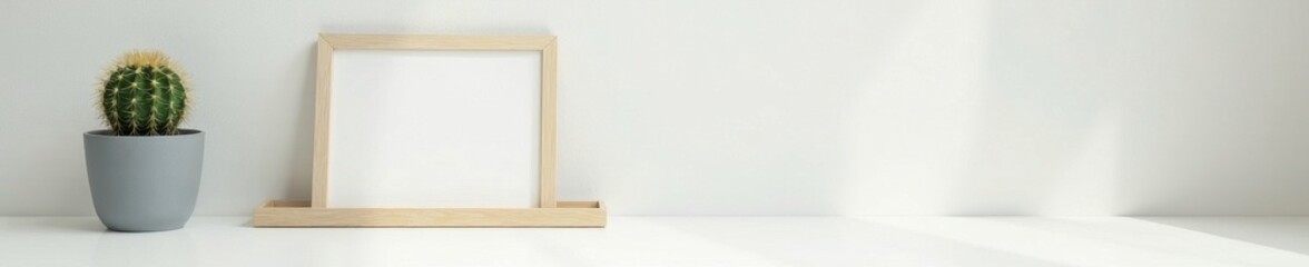 Fototapeta premium Clean white desk, picture frame, small cactus, workspace, design, office