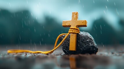 Fototapeta premium Rosary jesus christ concept. A cross on a stone, tied with a rope, amidst falling rain in a somber setting.