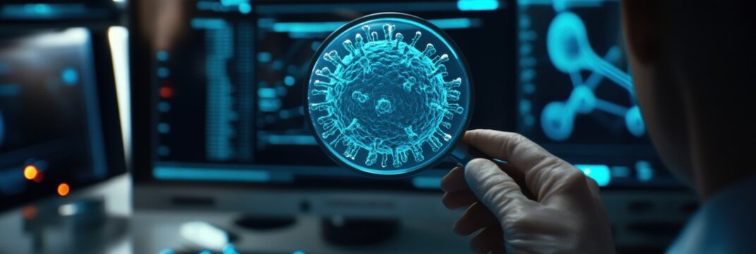 Scientist examining holographic virus structure in futuristic lab with advanced technology