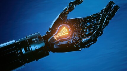 Innovative technology action robotic hand holding light bulb futuristic environment close-up view conceptual design