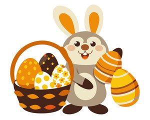 Vector illustration of a cute Easter bunny holding a basket full of colorful decorated eggs, smiling happily, isolated on white background.  For Easter Day

