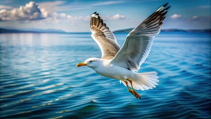 Majestic seagull soaring gracefully above calm waters, showcasing natural elegance, seagull, majestic, soaring, graceful