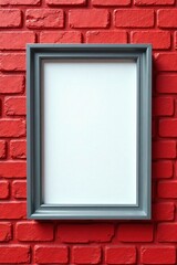 Empty gray picture frame against red brick wall , masonry, template, modern