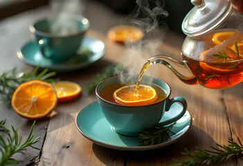 Fototapeta premium Fruit Tea with Oranges, Cinnamon, and Rosemary – Refreshing Herbal Beverage