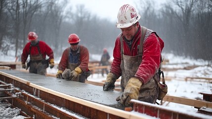 Construction Workers Hard at Work Pouring Concrete Foundation in Winter Conditions