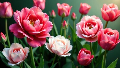 Fototapeta premium Intricate rose & tulip blooms, lush green leaves, greenery, design