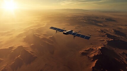 Naklejka premium Autonomous solar-powered drone navigates across a breathtaking desert landscape