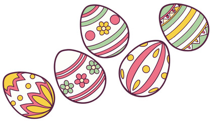 Vector of multiple colorful decorated Easter eggs arranged in a creative pattern, isolated on white background.  For Easter Day
