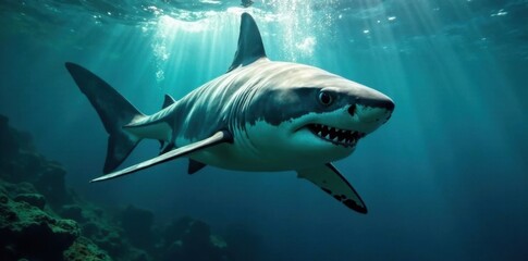 Fototapeta premium Great white shark's intense stare, approaching prey, underwater, wild, predator, apex predator