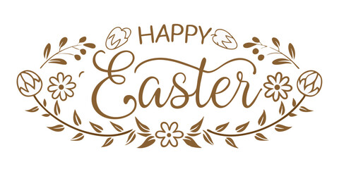 Vector of hand-drawn “Happy Easter” text with floral and egg decorations, isolated on white background.  For Easter Day
