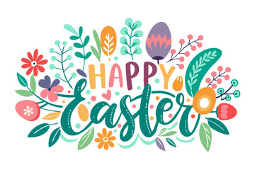 Vector of hand-drawn “Happy Easter” text with floral and egg decorations, isolated on white background.  For Easter Day
