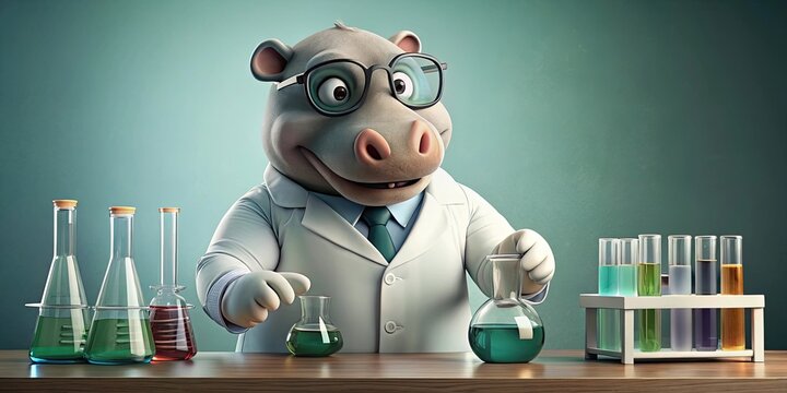 Cute hippo scientist wearing glasses and a lab coat conducting experiments in a laboratory, Hippo, Scientist, Cute