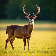 Obraz premium Large whitetail buck stands alert in open field, antlers, alert