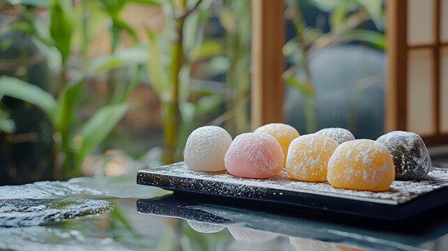 Colorful mochi desserts arranged on a black plate with green plant background in a serene indoor setting