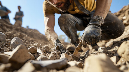 Man digging rocky soil, focused uncovering fossils or artifacts, surrounded by nature and fellow diggers, showcasing determination and teamwork