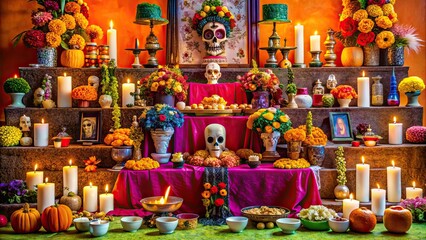 Fototapeta premium Vibrant Dia de los Muertos altar with traditional elements , Dia de los Muertos, altar, vibrant, tradition, spirit