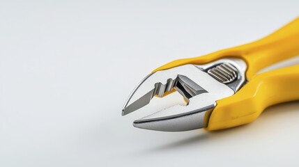 close up of yellow handled adjustable wrench, showcasing its metallic jaws and ergonomic design, perfect for various tasks