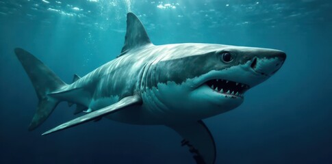 Fototapeta premium Massive great white shark underwater, eyes fixed, hunting, powerful, nature photography