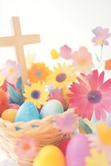 Colorful Easter eggs in wicker basket surrounded by flowers with wooden cross in background. Easter celebration and springtime holidays. Design for greeting card, invitation, postcard, banner.