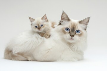 Mother Ragdoll cat and kitten cuddling, studio shot, white background, pet portrait