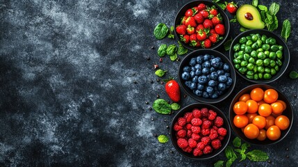 Vibrant colorful fruits and vegetables arranged in small bowls